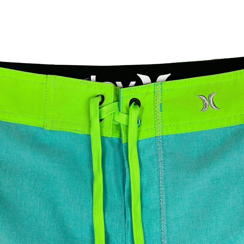EUC Hurley Phantom Mens Board Shorts Teal Neon Green Striped Swim Trunks Size 32